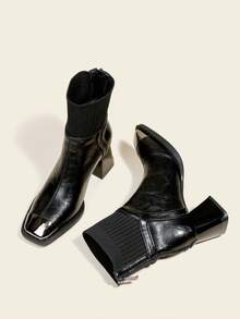 Fall/Winter Women's Black Ankle Boots And Short Boots, Chunky 6cm High Heel Block Heel Iron Head Short Boots With Back Zipper Patchwork