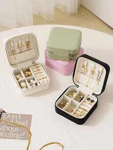 Minimalist Jewelry Box, Portable PU Material Jewelry Case, Summer Travel Jewelry Storage Box, Mini Jewelry Organizer Box For Earrings, Necklaces, Rings, Jewelry Display And Storage, Large Capacity Jewelry Holder, Suitable For Earrings, Rings, Necklaces, Bracelets, Nail Art, Gifts For Mother's Day, Christmas, Halloween, Women For Women Storage Organizer Travel Essentials Back To School Dormitory Storage - màu đen - Xem 2