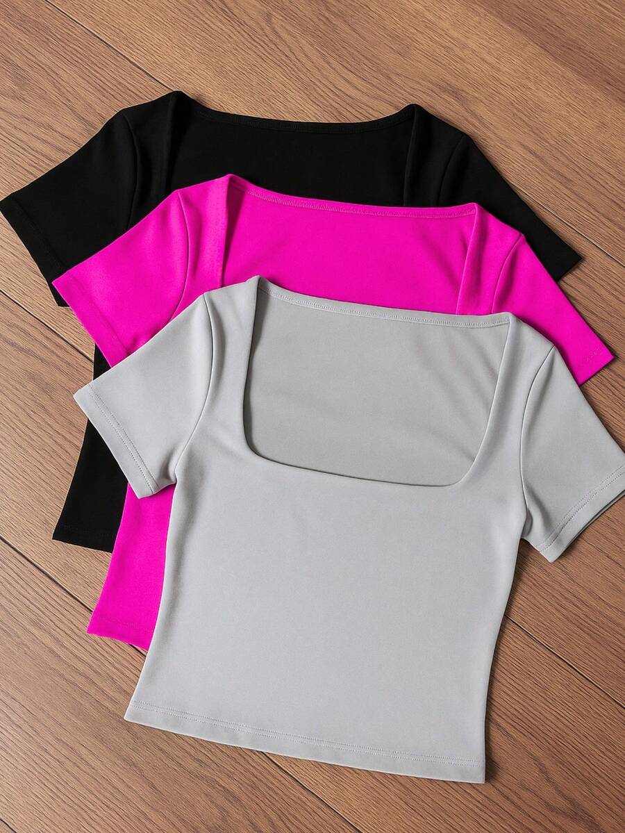 Square Suplex Cropped Top With Casual Lining For Women, Kit With 3 - 黑色/粉紅色/灰色 - 查看 1