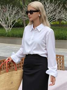 Livesso Solid Button Front Shirt,Long Sleeve Tops - White - View 4