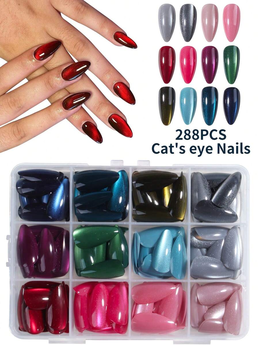 288 miếng (12 màu hỗn hợp) Miếng dán móng tay hình hạnh nhân dài bóng bẩy phong cách Y2K, Miếng dán móng tay acrylic hình mắt mèo pha lê đỏ máu, Thiết kế móng tay hình hạnh nhân ngắn, Bộ móng giả vừa vặn hoàn hảo, Móng mắt mèo màu xanh lá cây, tím, đỏ, xanh dương, hồng, Giúp đầu ngón tay bạn tỏa sáng rực rỡ, Thích hợp cho phụ nữ và các cô gái sử dụng hàng ngày trong công việc và các bữa tiệc. Dụng cụ làm móng - Nhiều màu - Xem 1