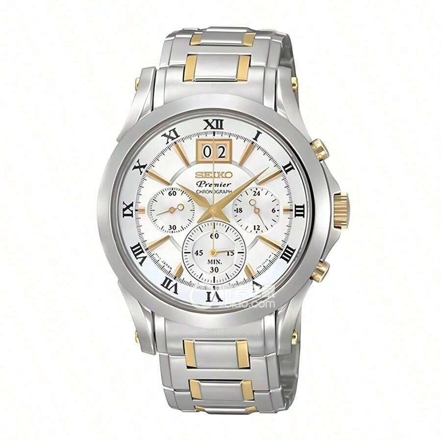 Seiko Reloj de cuarzo para hombre con esfera blanca, correa de acero inoxidable resistente al agua 100M, tres esferas, estilo de negocios y ocio SPC058J1