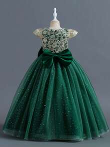 Girls Sequin Embroidered Bodice Tulle Ball Gown Dress With Glitter Skirt Short Sleeves And Big Bow Back Princess Flower Girl Dress For Wedding Birthday Pageant Formal Occasion - 墨綠色 - 查看 3
