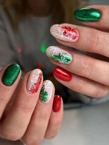 24 Stücke kurze mandelförmige, aufklebbare Fake Nägel Set, mit Weihnachts-Schneeflocken Glitzer, Acryl Vollabdeckung Maniküre Set, perfekt für DIY Bastelbedarf. Beinhaltet ein Stücke Gelee-Kleber und eine Nagelfeile, geeignet für den täglichen Gebrauch, Partys, Tanzen und als Geschenk.