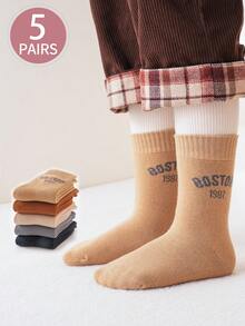 5 Pairs Kids' Thick Thermal Lined Mid-Calf Socks, Warm For Cold Weather, Suitable For Indoor, Outdoor, Sports Wear In Autumn/Winter