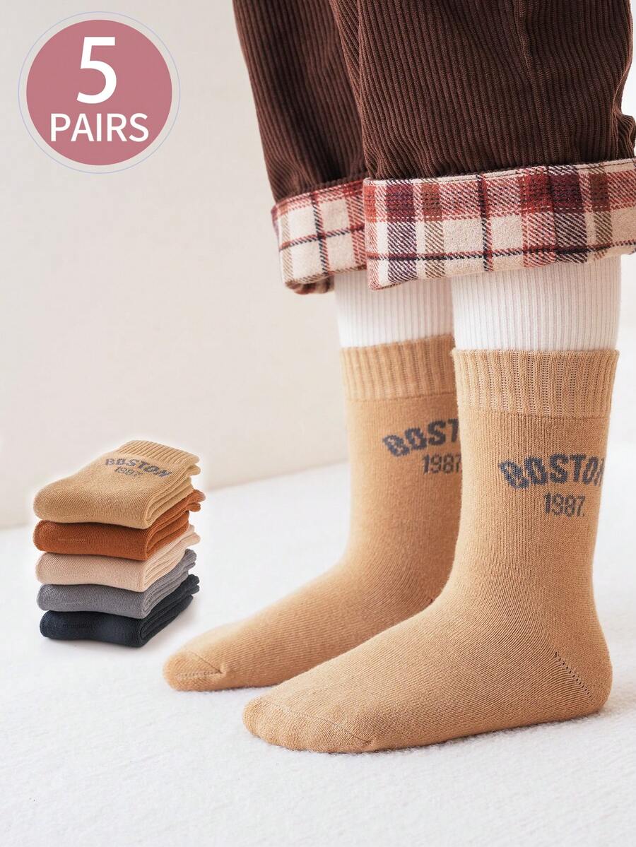 5 Pairs Kids' Thick Thermal Lined Mid-Calf Socks, Warm For Cold Weather, Suitable For Indoor, Outdoor, Sports Wear In Autumn/Winter