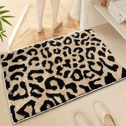 1pc Luxury Leopard Print Bath Mat, Faux Wool Material Rectangle Floor Rug, Absorbent Anti-Slip, Suitable For Bathroom, Toilet, Bedroom, Kitchen Entryway, All Season