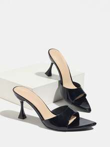 Jin Bei Qi 女士高跟鞋，时尚优雅派对户外宴会细高跟尖头亮面绑带穆勒凉鞋，采用光滑质感材质，性感迷人，黑色 - 黑色 - 查看 6