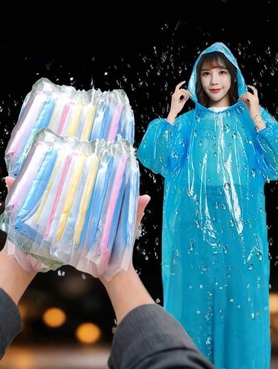 5/10pcs Waterproof Disposable Rain Ponchos, Unisex Portable Adult Rain Coat, Reusable Hooded Jacket Suitable For Camping, Hiking, Cycling, Outdoor Activities, Travel Essentials (Packaging Letter And Color Random)