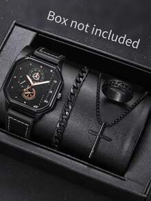 Men's Watch Black Simple Four-Piece Set, Including Watch, Bracelet, Necklace And Ring, Suitable For Casual And Formal Occasions, Simple And Elegant Necklace Jewelry Set, The Best Gift For Friends