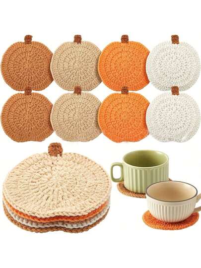Set de 4 posavasos de calabaza hechos a mano a ganchillo, posavasos absorbentes para bebidas de otoño, protegen la superficie de la mesa, decoración para fiestas de Halloween y Acción de Gracias, accesorios para tazas de café
