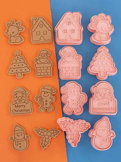 8pcs Christmas Cookie Cutters, Reindeer Design Cookie Stamps, Snowflake Baking Tools, Embossed Cookie Molds