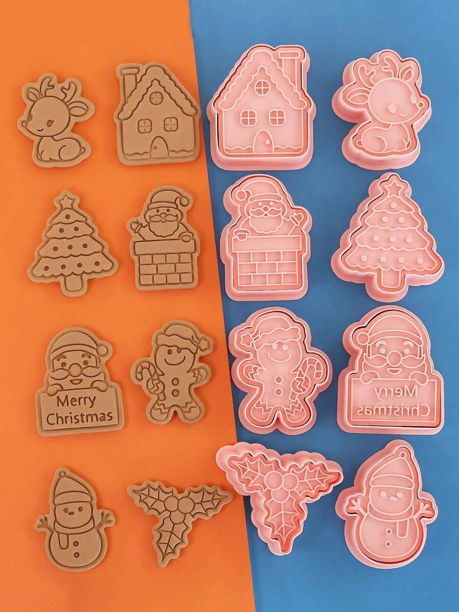 8件套圣诞饼干模具，驯鹿图案饼干印章，雪花烘焙工具，浮雕饼干模具