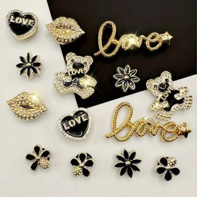 14pcs Luxury Resin Shiny Gold Bear, Flower, Letter, Fully Rhinestone Shoe Charms, Suitable For Wooden Bottom Shoes And Sandals, Durable, Cute And Imaginative Design, Great For Girls Party Gifts And Creative Gifts