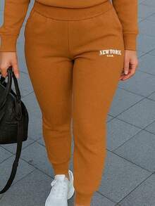 Conjunto de pants  Sudadera y pantalón  Felpa suave  Cuello redondo Estilo cómodo  Conjunto deportivo - Camel - Ver 3