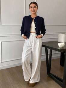 Livesso Cárdigan casual de unicolor, de manga larga para otoño-invierno, chaqueta de ropa de mujer para el otoño - Azul Marino - Ver 11