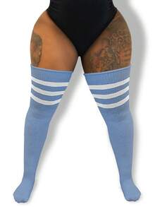 1 双加大码女式条纹过膝袜，彩色条纹过膝袜，大码女式运动腿套，角色扮演动漫袜 - 多色 - 查看 16