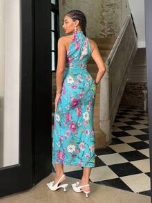 Faeriesty 高级花卉蕾丝边无袖旗袍连衣裙 | 现代中式领口和高侧开衩设计 | 优雅宴会礼服，适合庆典、正式晚宴、商务招待会、周年庆典、豪华活动 - 薄荷綠 - 查看 2