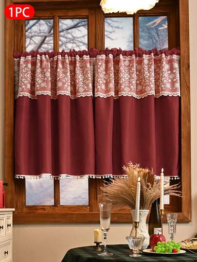 1pc Christmas Snowflake Lace Pom Pom Semi-Sheer Curtain, Lightweight Sheer Sunshade, Rod Pocket Top Design, Suitable For Bedroom, Living Room, Balcony Christmas Decor, Christmas Gift