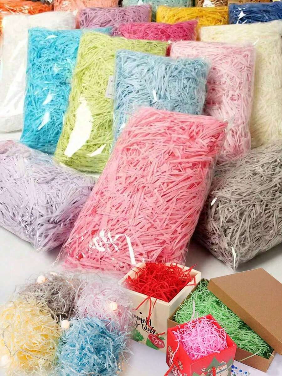 10/50/100g 礼品盒填充皱纹纸，彩色拉菲草纸，派对礼品包装填充物，礼品包装皱纹纸碎，创意填充草，工艺碎，适用于生日、婚礼、情人节、万圣节、父亲节、母亲节、圣诞节、派对装饰、易碎礼品保护和防损坏填充材料