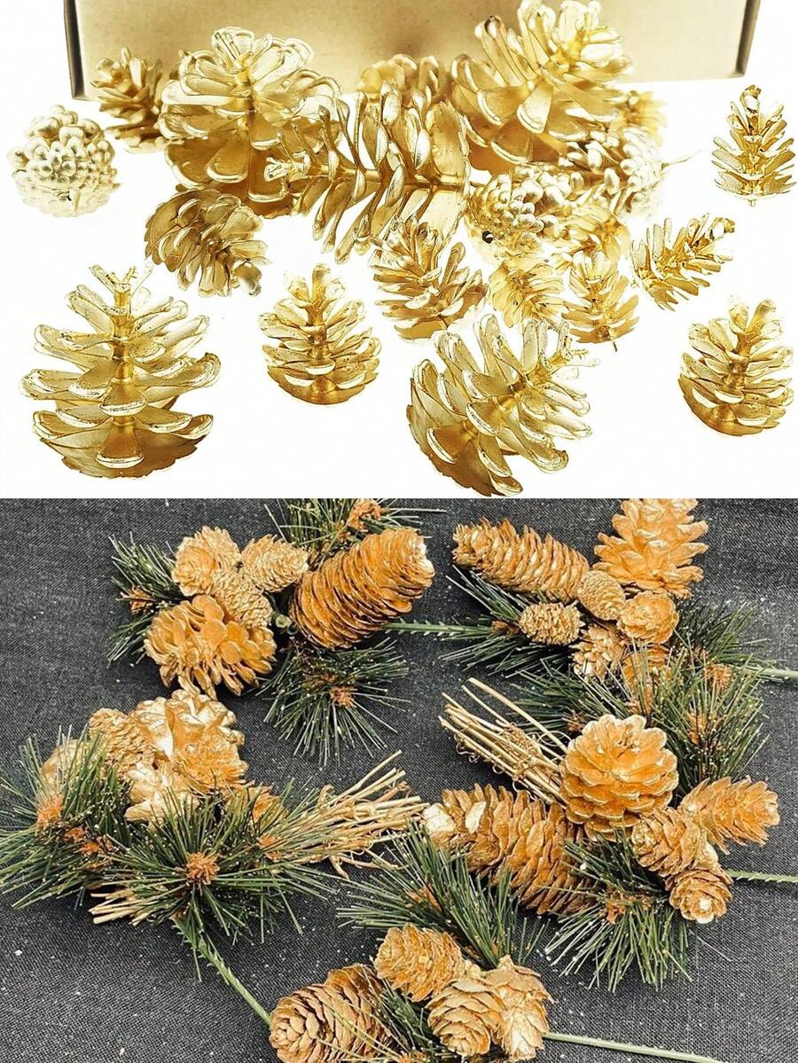 30/10 piezas Decoraciones de piñas de pino doradas artificiales para Navidad, decoraciones de árbol de Navidad con piñas, piñas de pino doradas artificiales, piñas de pino simuladas para Navidad, adecuadas para manualidades, coronas navideñas y decoraciones, apropiadas para el hogar y fiestas