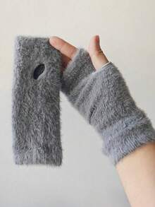 1 双定制新款貂皮抓绒半指手套，适合女士柔软冬季保暖奢华纯色毛绒针织露指手套，温暖羊毛半指手套，女士冬季毛绒针织护手，手腕漏指，多功能触摸屏，办公室，学生写作 - 彩色 - 查看 4