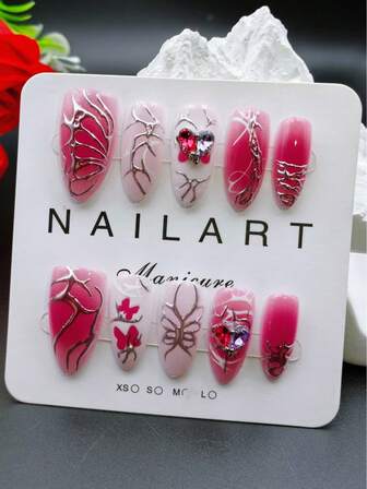 Pure Handmade Manicure, 10-Piece Set, Rose Red, Almond Shape, Press-On Manicure, Wearable Manicure, Elegant And Generous Design, High-End French Style, Gel Polish, Glitter, Cat-Eye Effect, Metallic Sheen, Full Coverage False Nail Tips, Filled With 3D Metal In Multiple Different Shapes, Large Rhinestones And Nail Gems, Comes With 1 Tube Of Jelly Glue, 1 Nail Stick And Polishing Tape.