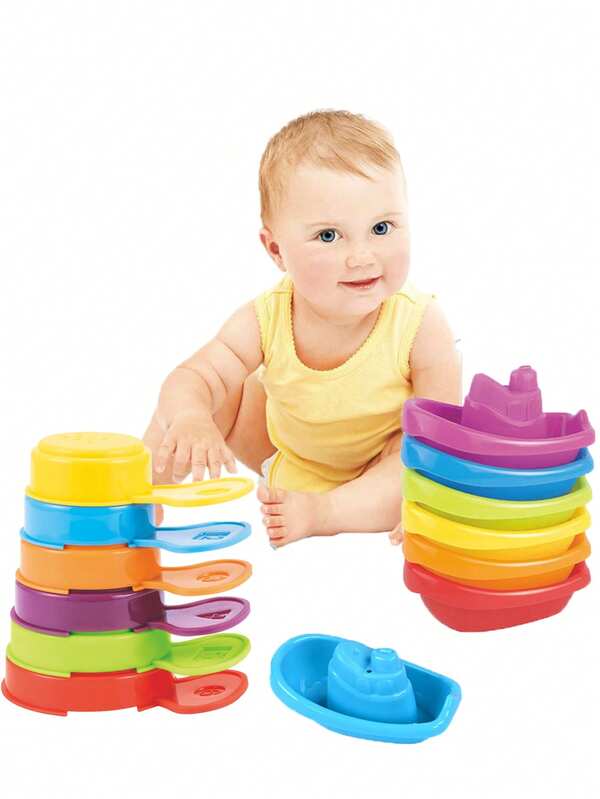 6pcs/12pcs Rainbow Color Stacking Boat Bath Toy For Toddlers ,Beach Toys- Water Spoon/ Summer Water Game With Music - Easter Gift For Kids,