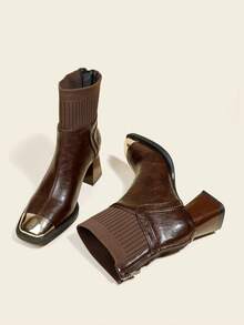 Women's Brown Ankle Boots And Short Boots, Chunky 6cm High Heel Block Heel Iron Head Short Boots With Back Zipper And Knit Patchwork - Brown - View 5