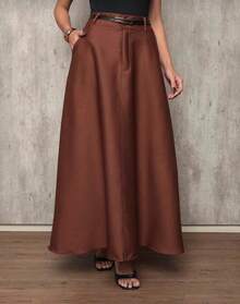 Women's Long Round Skirt Tailoring Evangelical Fashion Casual Basic Winter High Waist Elegant - Cà phê nâu - Xem 1