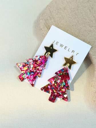 1 par eleganta örhängen i akryl med glittrande rosa julgran och stjärndesign för kvinnor, lämpliga för jul