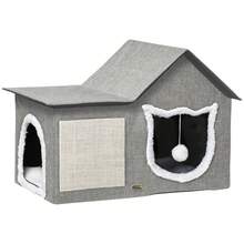 PawHut Cat Bed For Indoor, Large Cat House With Soft Cushion, Scratching Pad, Dangling Ball, Kitten Condo Hideaway With Dual Entrances, Grey - Grey - View 9