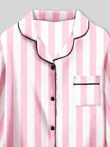 2pcs Tween Girl Pink & White Striped Long Sleeve Sleepwear Set - Multicolor - View 3