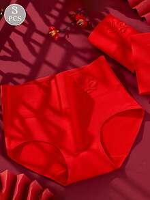 3 件套女士高腰压花棉质三角裤，休闲弹力透气柔软亲肤内裤 - 紅色 - 查看 4
