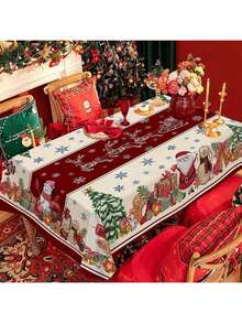 Une nappe de Noël joyeuse - motifs de fleurs rouges et d'arbres de Noël, en polyester, décorations rectangulaires pour le repas de fête