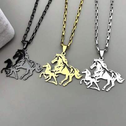 Pendentif en forme de cheval mère-enfant creux en acier inoxydable, assorti à une chaîne à maillons carrés en métal (couleurs noir, or, argent), bijoux de mode pour hommes et femmes