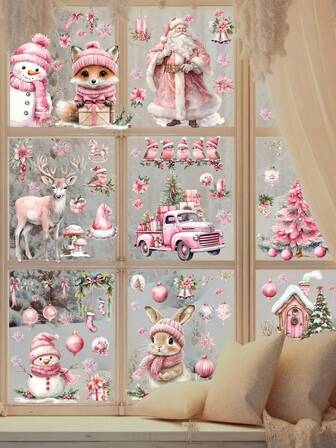 9张圣诞窗贴，3D粉色圣诞老人、雪人、企鹅、鹿、雪花、圣诞树、可爱狐狸，双面玻璃门窗装饰贴纸，冬季节日装饰，家居装饰，教室圣诞装饰，圣诞装饰贴纸，墙贴，房间装饰，墙面装饰，圣诞装饰，家居装饰，圣诞装饰