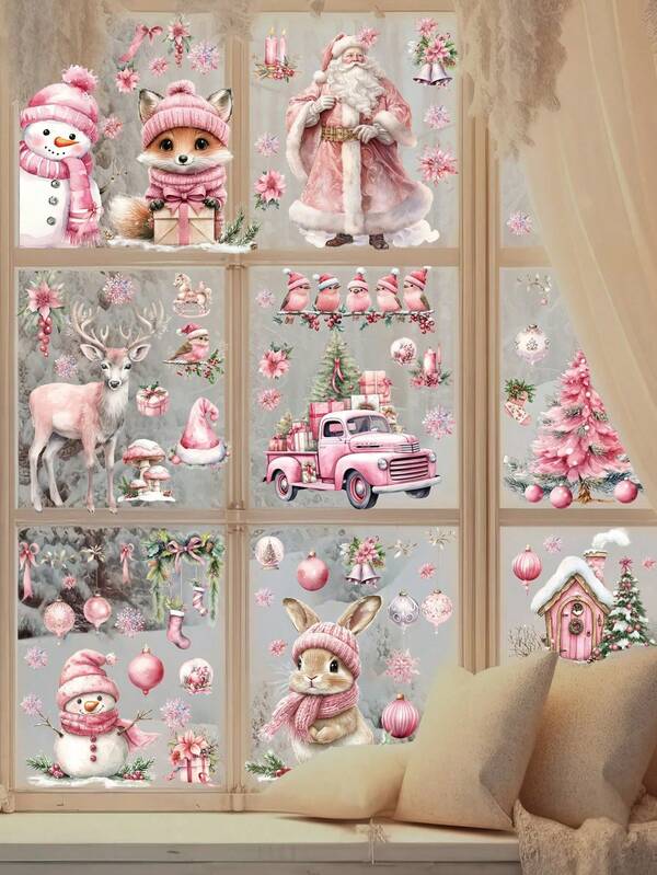 9 Sheets Christmas Window Clings, 3D Pink Santa Claus Snowman Penguin Deer Snowflake Christmas Tree Cute Fox Glass Door And Window Double-Sided Winter Holiday Decoration Sticker Home Decor Classroom Christmas Decor Christmas Decorations Stickers Wall Stickers Room Decor Wall Decor Christmas Decoration Home Decor Christmas Decorations Home