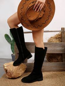 FVPFVP 2024秋冬新款百搭过膝长靴，粗跟，弹力修身高筒骑马靴，女士牛仔靴 - 黑色 - 查看 8