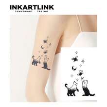 INKARTLINK 双猫追逐蝴蝶和星星简约黑白设计，防水持久1-2周临时纹身，小众设计，逼真的假纹身 - 黑色 - 查看 2