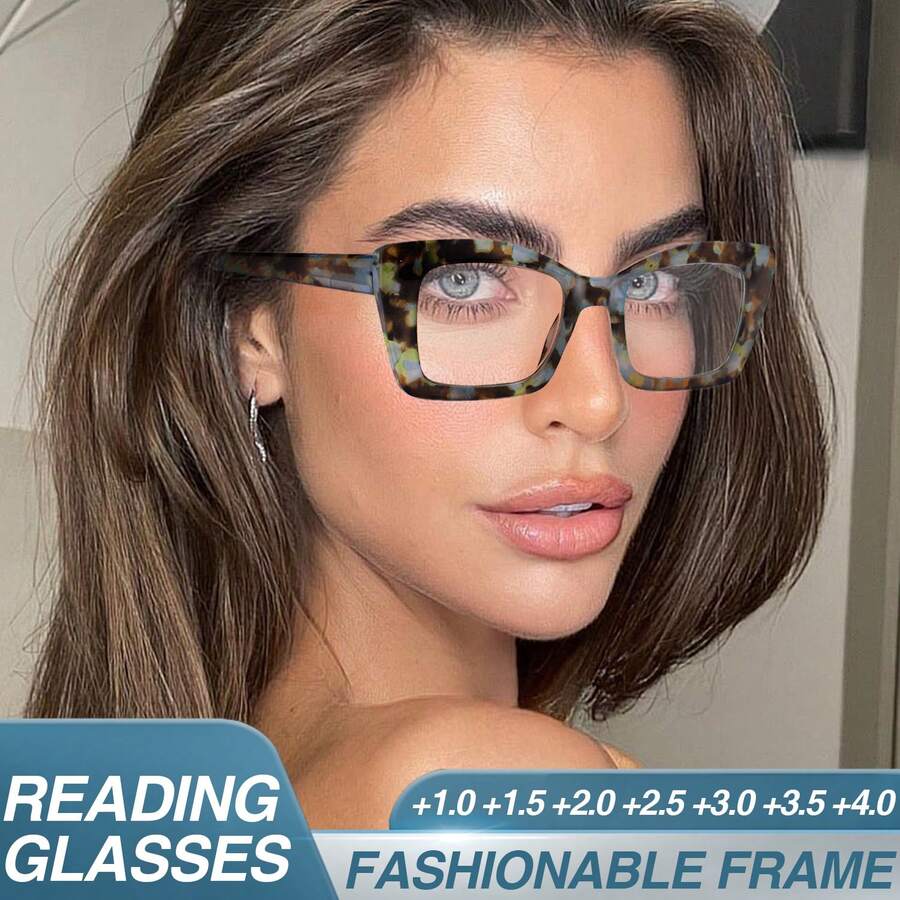 1pc Classic Square Frame Reading Glasses For Women, With Flexible Spring Temples For Comfortable Fit, Suitable For Daily Reading, Minimalist Design Yet Practical - 藍花 - 查看 1
