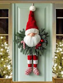 1 Decoración navideña de enano festivo para puerta, corona de puerta de poliéster con base a rayas rojas, sin necesidad de electricidad, decoración de pared festiva
