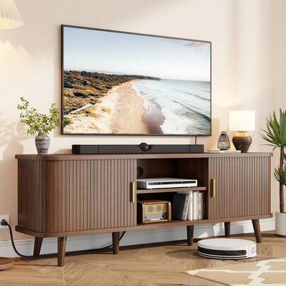 GIKPAL Fluted TV Stand For 65 Inch TV – Modern Entertainment Center With Power Outlets, Adjustable Shelves & Sliding Doors, Stylish Media Console For Living Room, Walnut