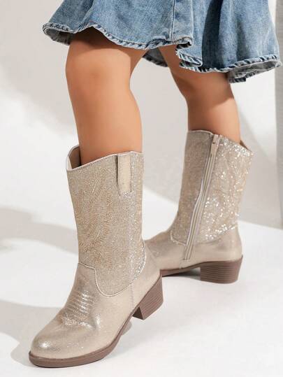 1pc Girls' Western Embroidered Mid-Calf Boots, Pointed Toe Chunky Heel Side Zipper Lightweight Golden Knight Boots Suitable For Toddler/Little Kid/Party/School/Vacation/Casual Wear, Easter/Christmas Boots [Please Order One Size Up Based On Size Chart]