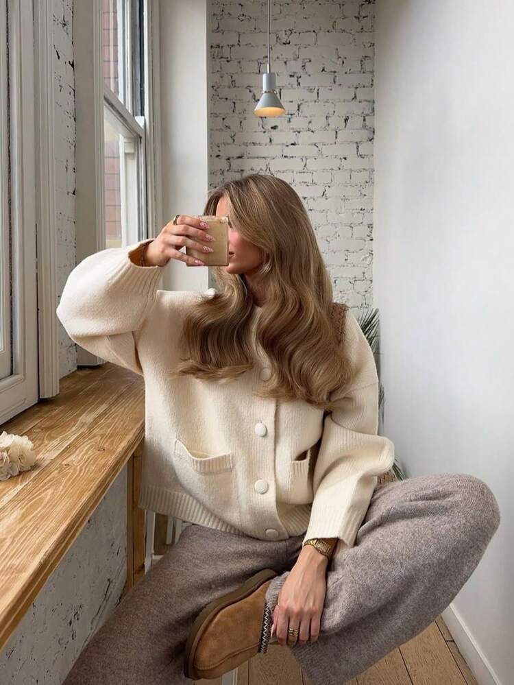 2025 Women's Autumn/Winter New Fashion Casual Minimalist Button-Up Knit Cardigan Jacket, Back To School Clothes, White Clothes, Valentine's Day, New Year, Christmas Clothes, Date Night Outfits For Women, Off-The-Shoulder Sweater, Korean Style, Fall Women's Clothes, Modest Women, Party Women, Y2K Women, Tops For Going Out, Concert Women, Date Night Women, New Year, Women's Winter Clothes, Saudi National Day, Chic, Country - White - View 5