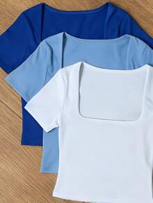 Square Suplex Cropped Top With Casual Lining For Women, Kit With 3 - 比克藍/淡藍/白色 - 查看 2