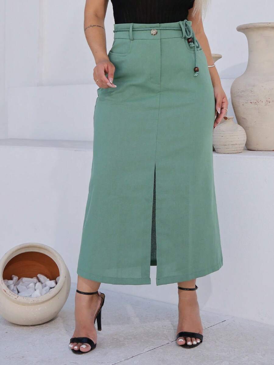 Women's Long Linen Skirt With Front Slit PAULA With Pockets And Drawstring At The Waistband Evangelical - 薄荷綠 - 查看 1