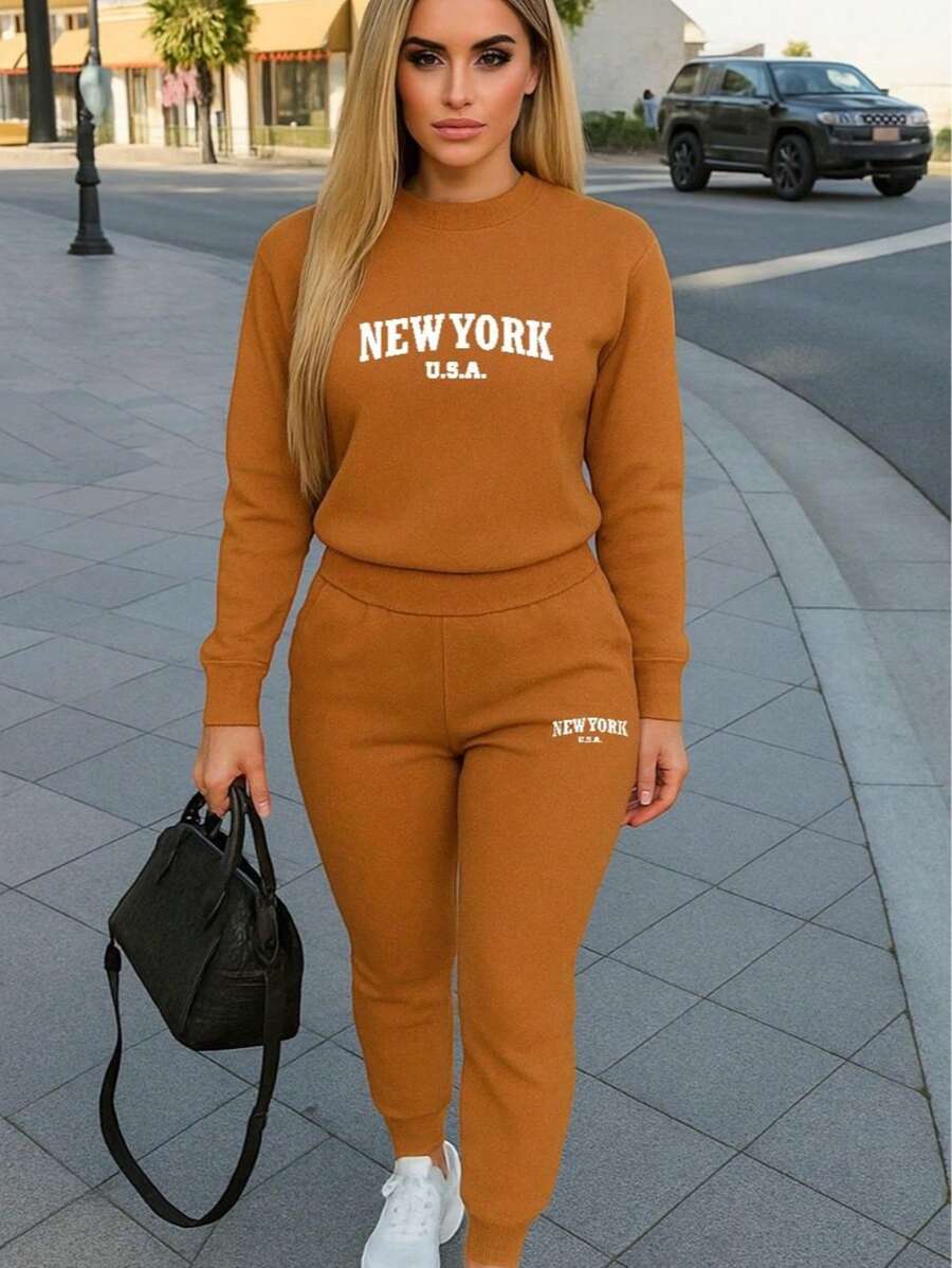 Conjunto de pants  Sudadera y pantalón  Felpa suave  Cuello redondo Estilo cómodo  Conjunto deportivo - Camel - Ver 1