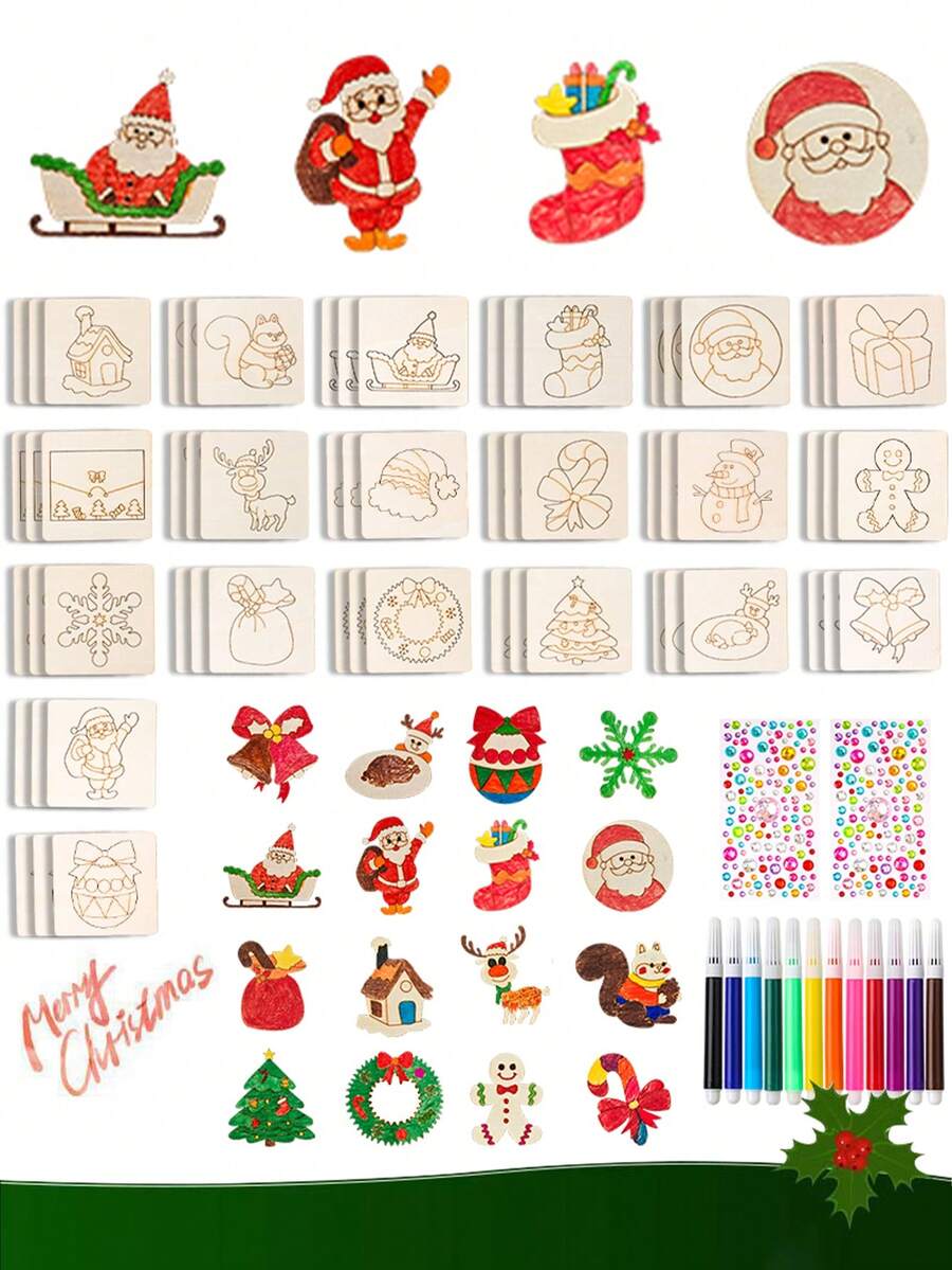 20 Stücke Weihnachts-Themen Holz Zeichenvorlage Set, enthält 12 Buntstifte und 1 Bastelbogen mit Stickern - DIY Zeichenvorlagen mit niedlichen Motiven wie Weihnachtsmann, Elch und Schneemann. Perfekt für Heimdekoration, Scrapbooking und kreative Projekte. Ideal für Weihnachtsdekoration, Weihnachtsbaum Schmuck, Weihnachtsartikel und Weihnachtsornamente.