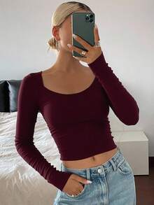 Livesso Áo thun dài tay ôm vừa vặn màu trơn, thời trang xuân thu cho nữ - Màu Đỏ Sâu - Xem 2